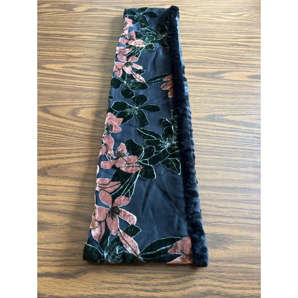 Black pink faux fur floral infinity scarf